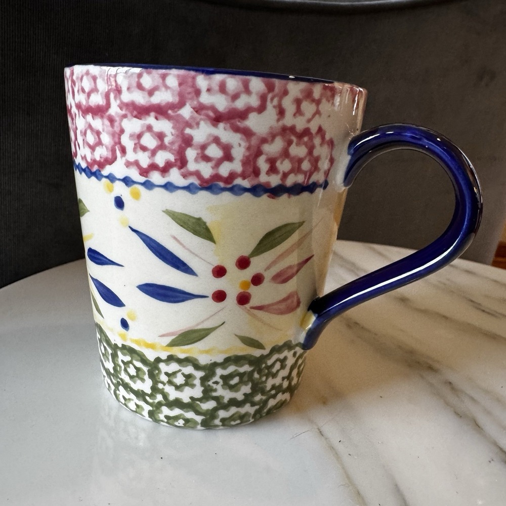 Temptations By Tara Coffee Tea Cup 10oz Old World Blue Pink Green Floral Leaf
